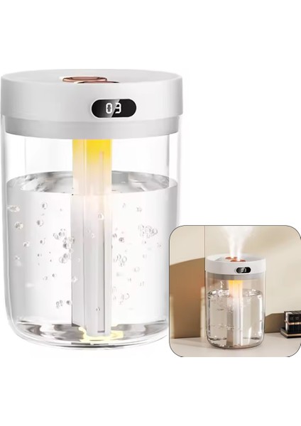 750ML H2O Çift Püskürtmeli Ulrasonik Hava Nemlendirici Buhar Makinesi ve Aroma Difüzörü + Başucu Gece Lambası