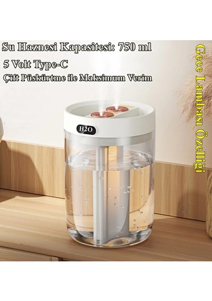 750ML H2O Çift Püskürtmeli Ulrasonik Hava Nemlendirici Buhar Makinesi ve Aroma Difüzörü + Başucu Gece Lambası