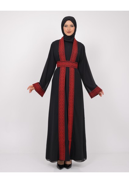 Uzun Kollu Oversize Kalıplı Geleneksel Kalın Noktalar Nakışlı Kadın Geniş Abaya M-3xl C100033