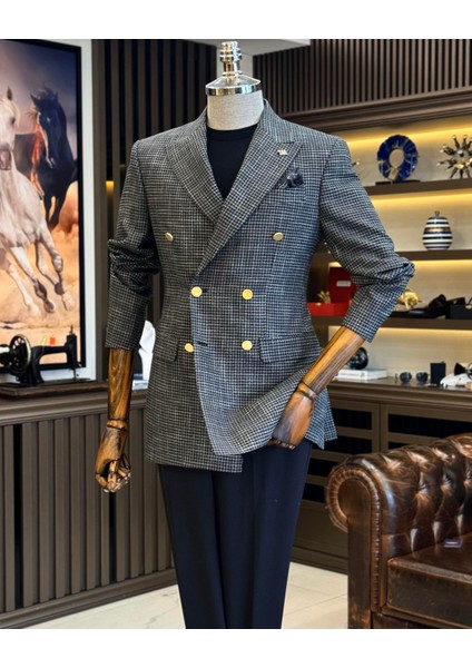 Italyan Stil Slim Fit Kazayağı Desen Kruvaze Erkek Ceket Siyah T12553