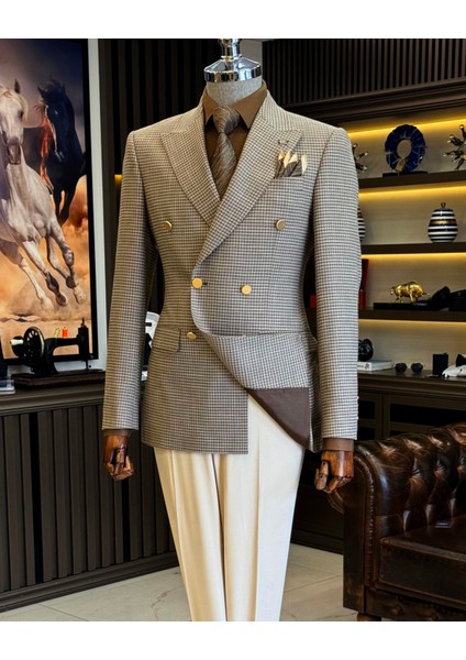 İtalyan stil slim fit kazayağı desen kruvaze erkek ceket kahverengi T12558