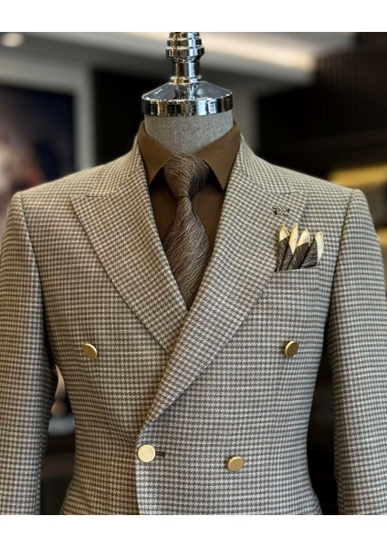 İtalyan stil slim fit kazayağı desen kruvaze erkek ceket kahverengi T12558 fiyatları