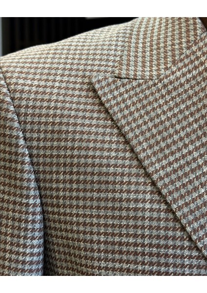 İtalyan stil slim fit kazayağı desen kruvaze erkek ceket kahverengi T12558 modelleri