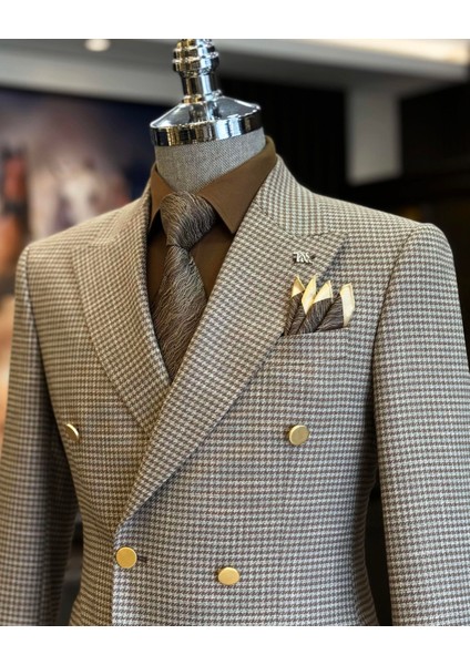 İtalyan stil slim fit kazayağı desen kruvaze erkek ceket kahverengi T12558 fırsatları