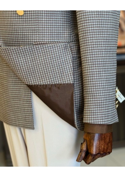 İtalyan stil slim fit kazayağı desen kruvaze erkek ceket kahverengi T12558 indirimleri