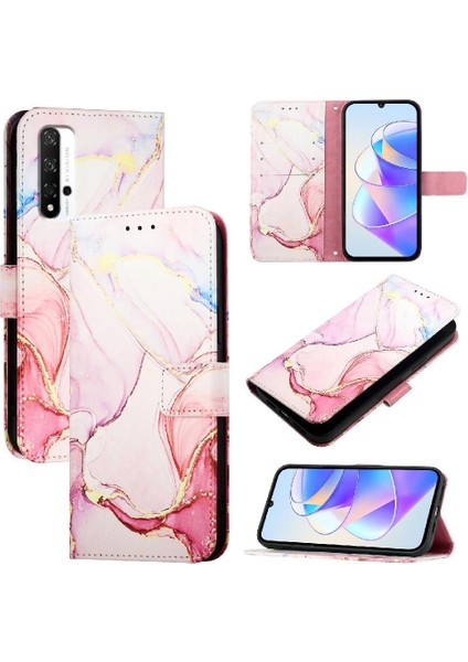 Onur 20 Için Kılıf Pro 4g Mermer Desen Kickstand Cüzdan Pu Deri (Yurt Dışından)