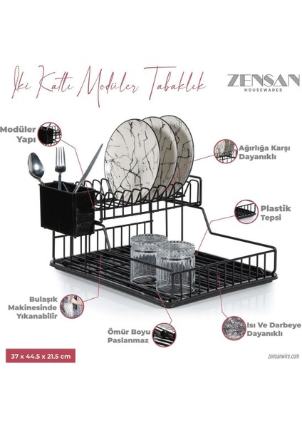 Tekno Trust 35 X 45 Cm Ki Katlı Paslanmaz Siyah Pe Kaplama Modüler Tabaklık/ Bulaşıklık Akrilik Siyah