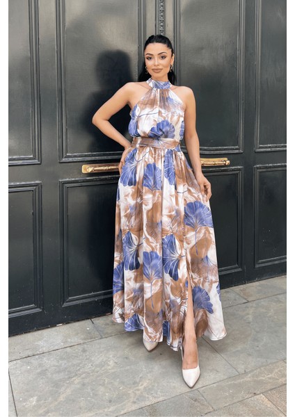 Saten Kumas Boyundan Bağlamalı Elbise - Mavi