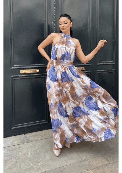 Saten Kumas Boyundan Bağlamalı Elbise - Mavi fiyatları