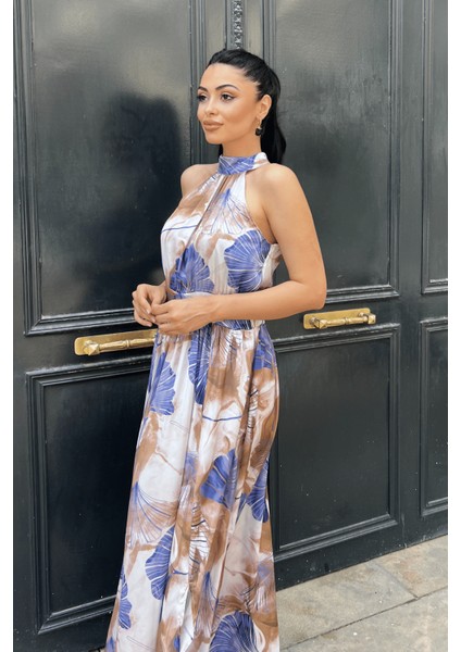 Saten Kumas Boyundan Bağlamalı Elbise - Mavi modelleri