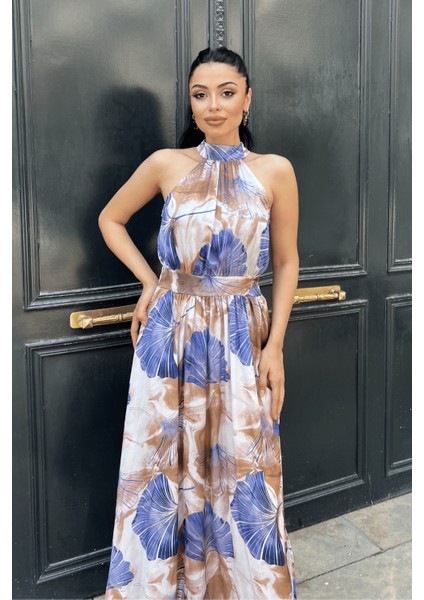 Saten Kumas Boyundan Bağlamalı Elbise - Mavi fırsatları