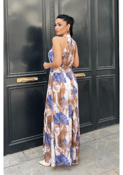 Saten Kumas Boyundan Bağlamalı Elbise - Mavi indirimleri