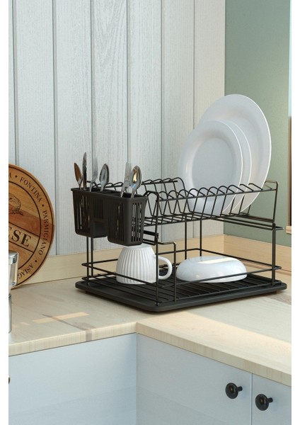 Tekno Trust Paslanmaz Çelik Iki Katlı Modüler Tabaklık Bulaşıklık Mat Siyah KB010 Siyah 35 x 45