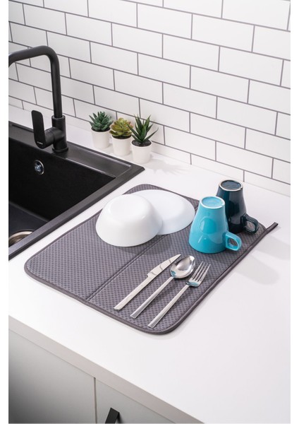 Tekno Trust Gri Mikrotex Bulaşık Matı Süper Emici Bulaşık Kurutma Örtüsü 45X36CM Katlanabilir Bulaşık Matı Antr