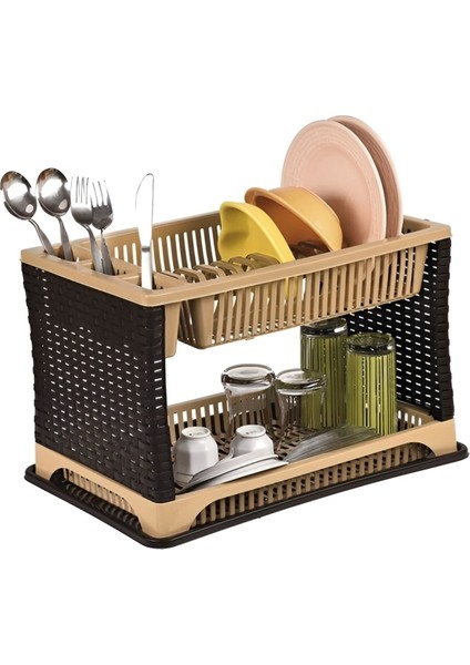 Tekno Trust Kahverengi 2 Katlı Bulaşık Sepeti, Tabaklık Bulaşıklık, Tezgah Üstü Toparlayıcı Mutfak Organizeri P