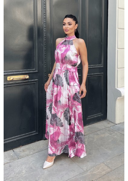 Saten Kumas Boyundan Bağlamalı Elbise - Pembe