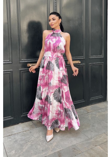 Saten Kumas Boyundan Bağlamalı Elbise - Pembe fiyatları