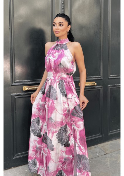 Saten Kumas Boyundan Bağlamalı Elbise - Pembe fırsatları