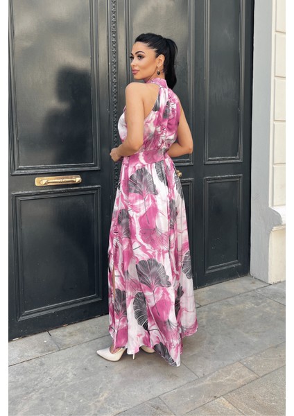 Saten Kumas Boyundan Bağlamalı Elbise - Pembe indirimleri