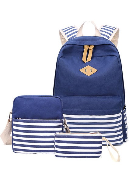 Lacivert Şerit Baskı Sırt Çantası Üç Parçalı Set, Öğrenci Gündelik Küçük Taze Okul Çantası Sırt Çantası (Yurt Dışından)