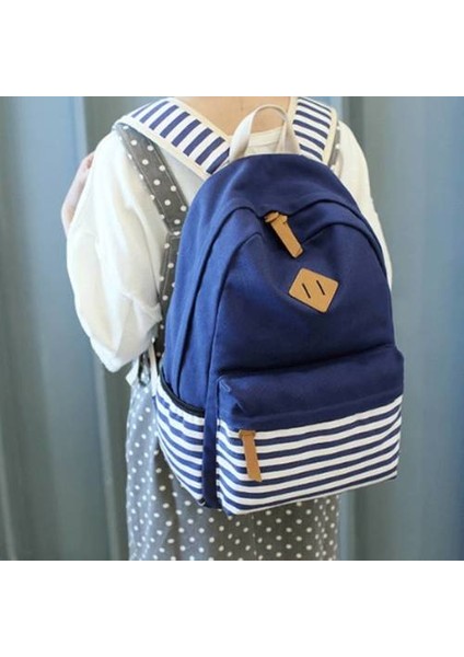Lacivert Şerit Baskı Sırt Çantası Üç Parçalı Set, Öğrenci Gündelik Küçük Taze Okul Çantası Sırt Çantası (Yurt Dışından) fiyatları