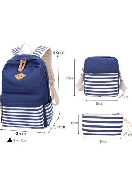 Lacivert Şerit Baskı Sırt Çantası Üç Parçalı Set, Öğrenci Gündelik Küçük Taze Okul Çantası Sırt Çantası (Yurt Dışından) modelleri