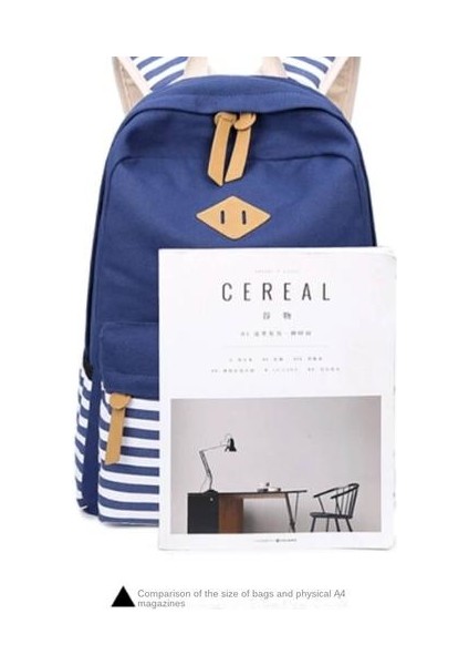 Lacivert Şerit Baskı Sırt Çantası Üç Parçalı Set, Öğrenci Gündelik Küçük Taze Okul Çantası Sırt Çantası (Yurt Dışından) fırsatları