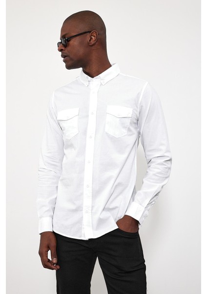 Erkek Austin Beyaz Slim Fit Gabardin Gömlek