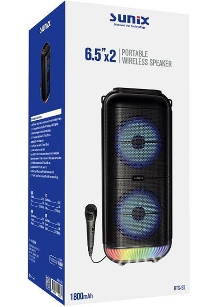 Bts-95 1800 Mah 6,5 x2 Mikrofonlu LED Işıklı Bluetooth Hoparlör