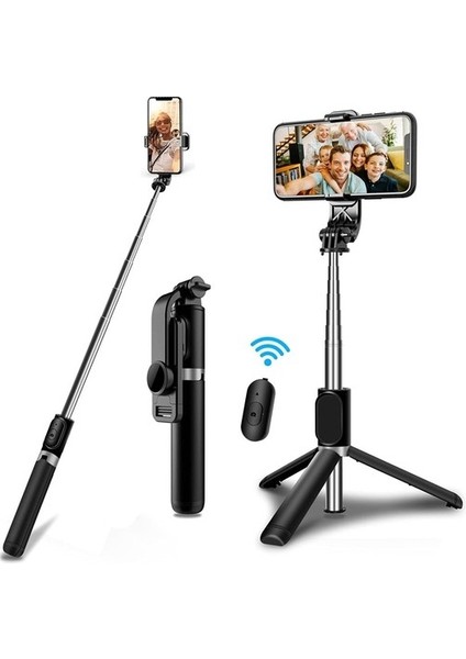 Kablosuz Uzaktan Kumandalı Selfie Çubuğu Tripod - Siyah