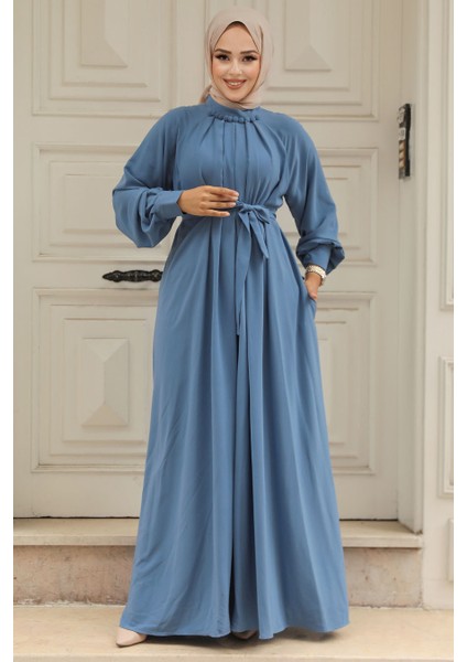 Kemerli Mavi Tesettür Elbise 330113M