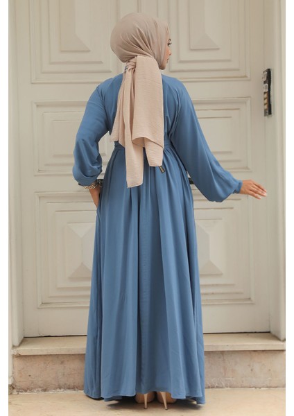 Kemerli Mavi Tesettür Elbise 330113M fiyatları