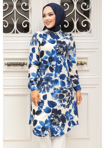 Desenli Lacivert Tesettür Tunik 11693L