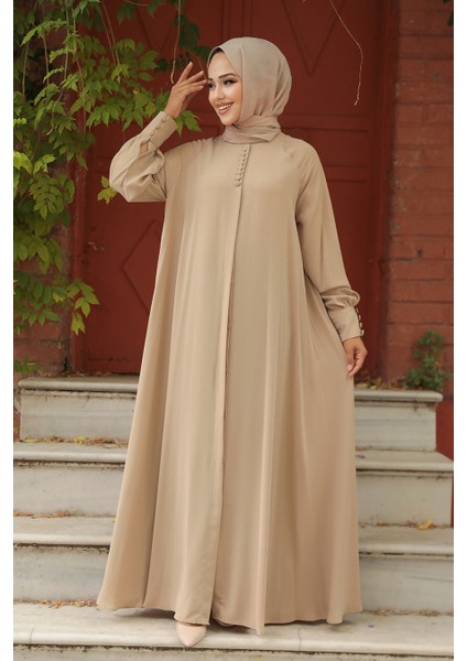 Düğmeli Camel Tesettür Elbise 520066C