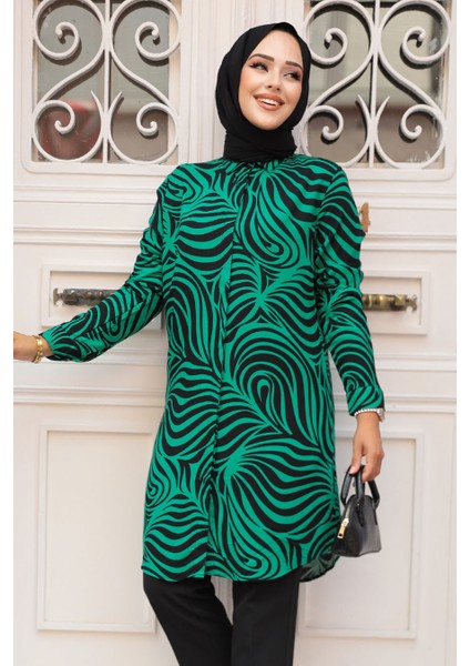 Desenli Yeşil Tesettür Viskon Tunik 11706Y