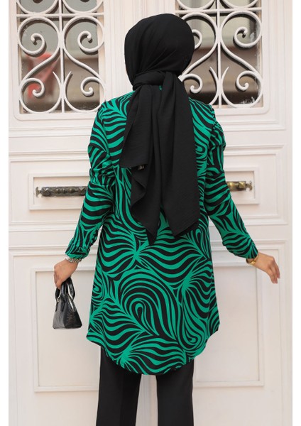Desenli Yeşil Tesettür Viskon Tunik 11706Y fiyatları