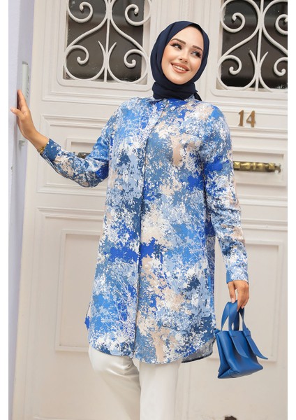 Desenli Indigo Mavisi Tesettür Viskon Tunik 11707IM