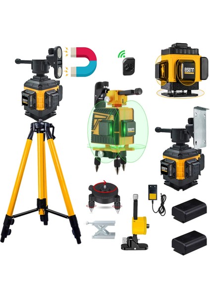 Germany Kumandalı Mıknatıslı 12 Köşe Artı Lazer Terazi Distomat Yeşil Çizgi 2 Akülü 360 Derece + 1.5 mt Tripod Ayak 40 mt Menzil