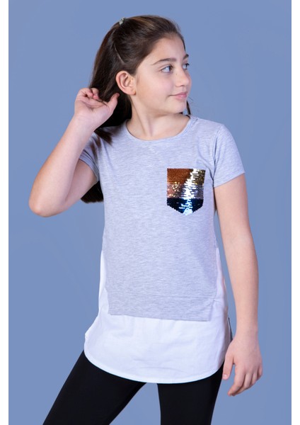 Kız Çocuk Göğsü Cepli Pul Nakışlı Tişört