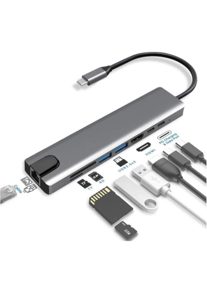 8 In 1 Ethernet Sd USB Type C Hub HDMI Girişli Macbook Çevirici