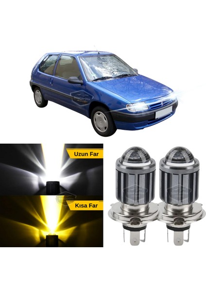 Citroen Saxo 1996-2005 Uyumlu Mercekli Far Ampulü LED Xenon Çift Renk Sarı-Beyaz Far Şimşek Etkili Csp LED Lamba Uzun Kısa 2 Adet Takım