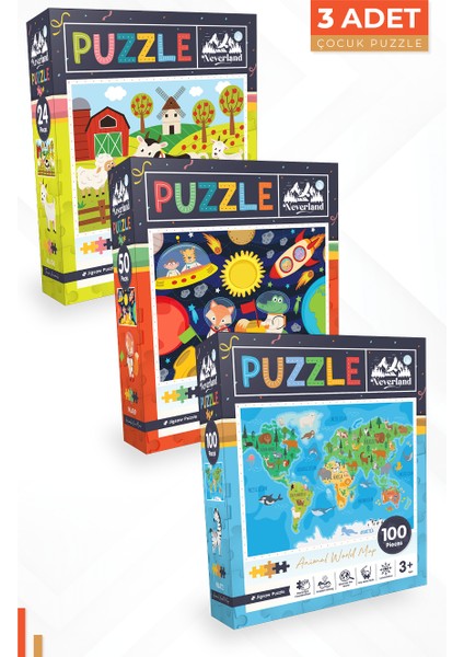 3 Adet Puzzle - 24 P. Çiftlik Hayvanları ve 50 P. Ay Hayvanları ve 100 P. Hayvan Dünya Haritası