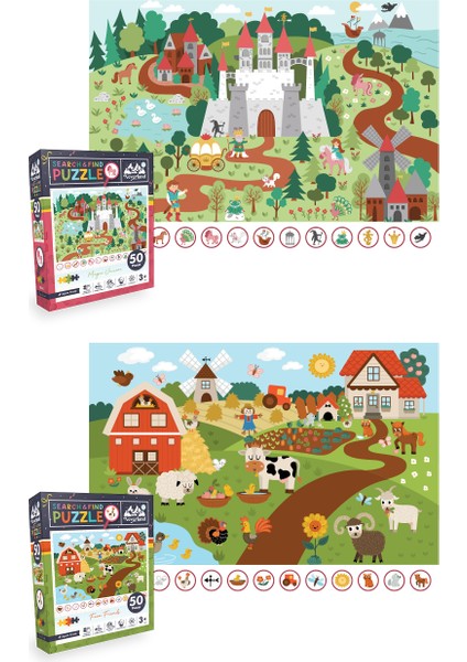 2 Adet 50 Parça Ara ve Bul Puzzle - Sihirli Unıcorn ve Çiftlik Arkadaşları