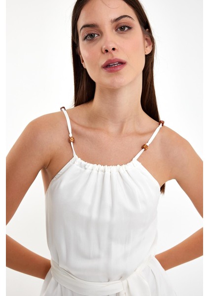 Kadın Marmaris Fildişi Boncuk Askılı Saten Elbise modelleri