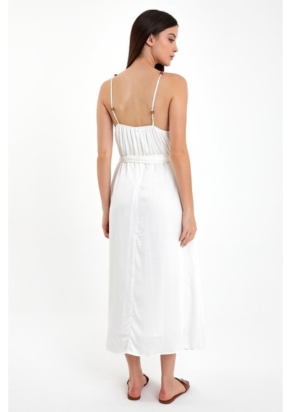 Kadın Marmaris Fildişi Boncuk Askılı Saten Elbise fırsatları