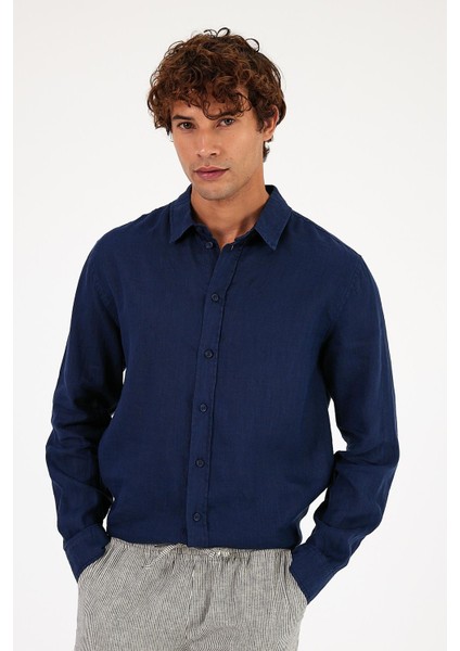 Erkek Nicolas Navy Regular Fit Keten Gömlek