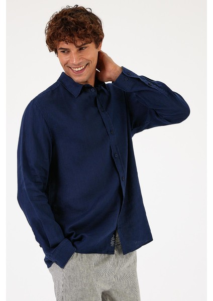 Erkek Nicolas Navy Regular Fit Keten Gömlek