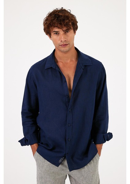 Erkek Nicolas Navy Regular Fit Keten Gömlek