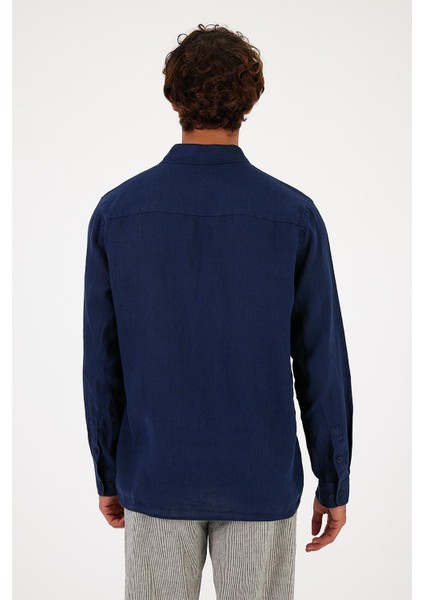 Erkek Nicolas Navy Regular Fit Keten Gömlek