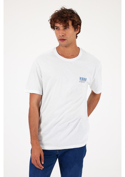 Erkek Vena Beyaz Logo Kabartma Baskılı Bisiklet Yaka Tişört